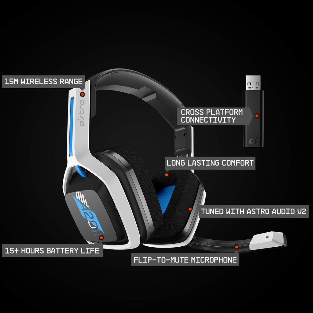 Auriculares inalámbricos ASTRO Gaming Logitech G A20 Gen 2 para PlayStation en color blanco y azul, con auriculares y micrófono.