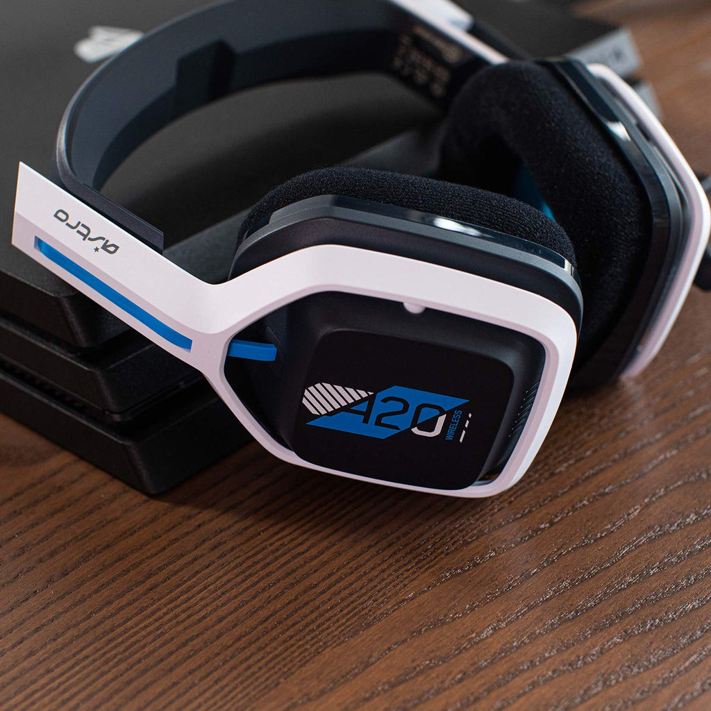 Auriculares inalámbricos ASTRO Gaming Logitech G A20 Gen 2 para PlayStation en color blanco y azul, con diadema y micrófono ajustable